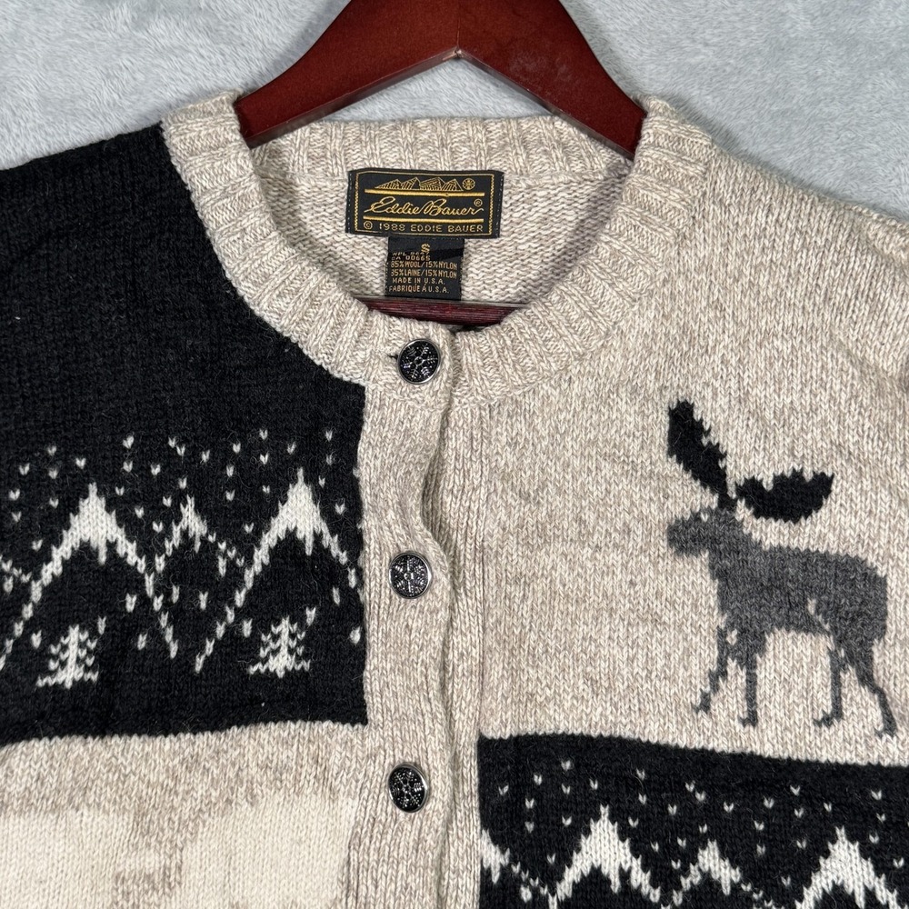 Vintage Eddie Bauer Sweater Womens M Beige Wool Moose Cardigan USA Nordic 80s - Picture 2 of 7